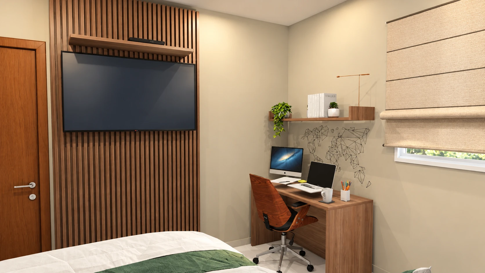 Painel ripado com TV e bancada de trabalho